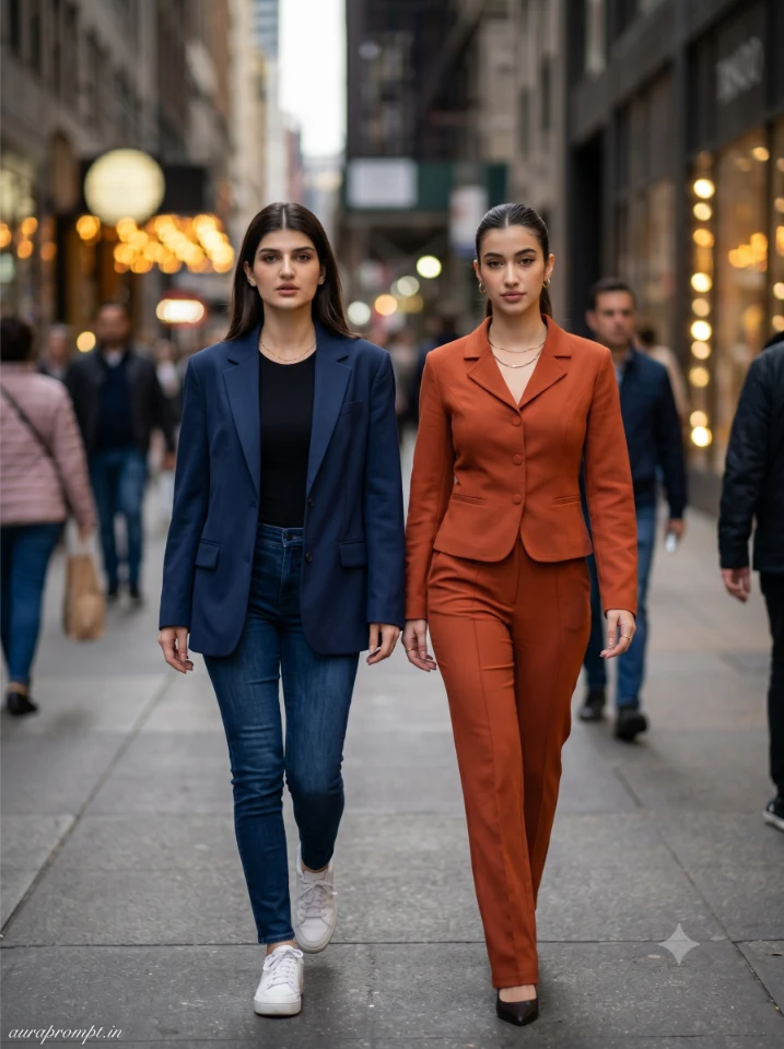 Indian best friends in dark navy and rust Pinterest outfits walking through a busy city street for girl best friend photo ideas