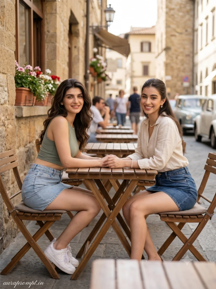 Two Indian girls in sage green crop tops and denim skirts using best friend photo prompt at a sunlit city café