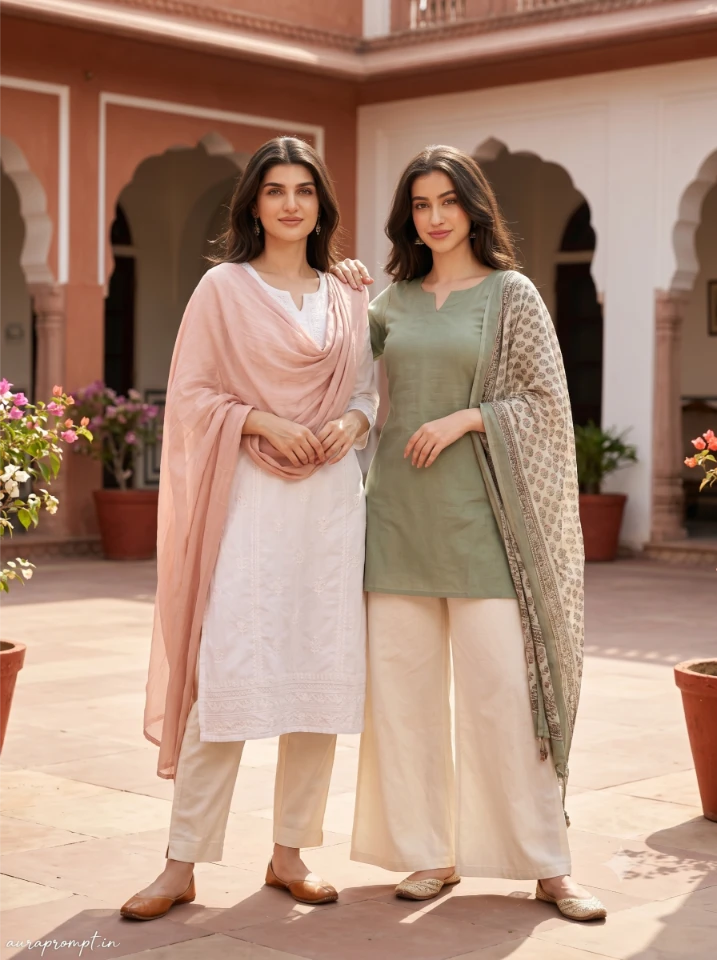 Two girls in white kurtas with embroidered dupattas posing for pinterest best friend poses using Gemini AI photo prompt