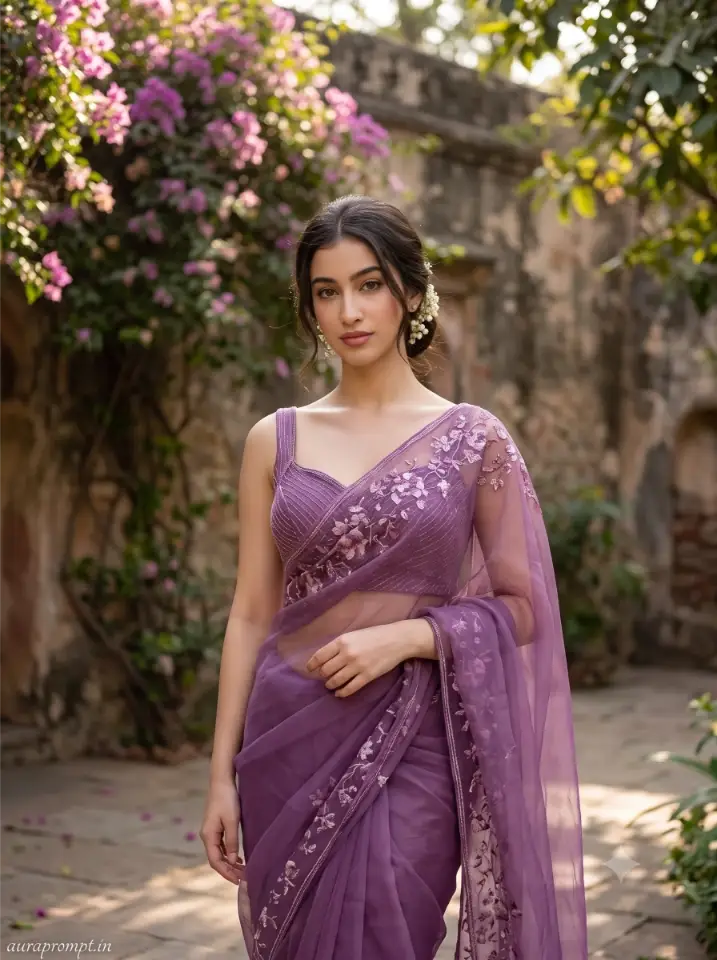 Purple net saree garden portrait gemini ai photo prompt with floral bun hairstyle