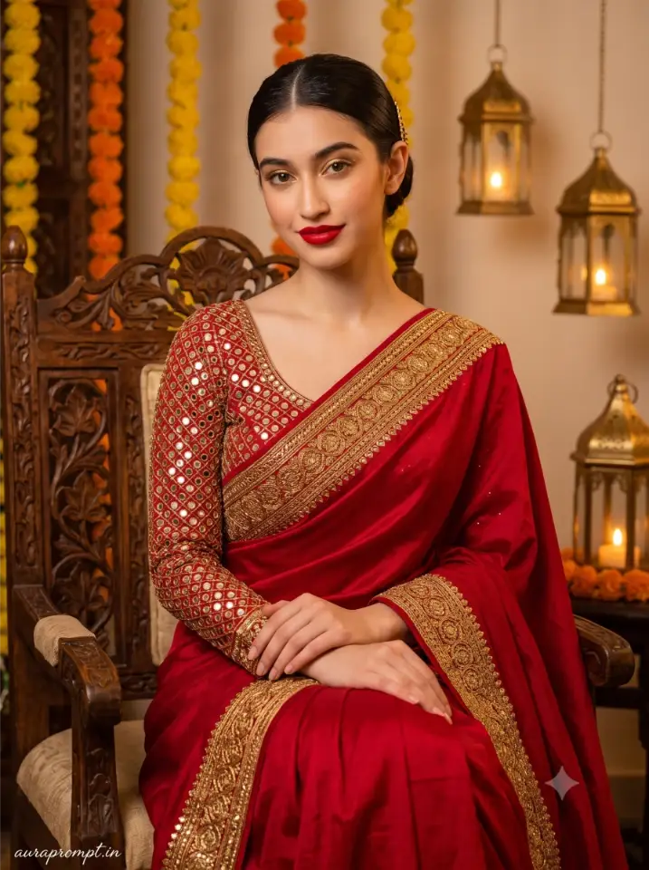 Red silk saree festive indoor prompt for gemini ai prompt with brass lanterns