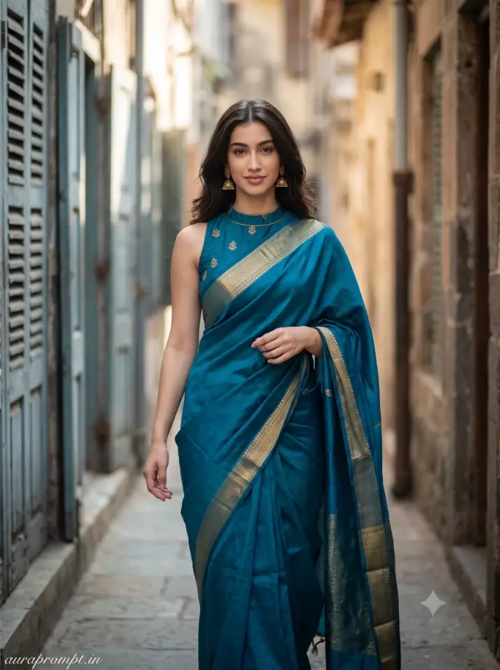 Peacock blue silk saree street style prompt for gemini photo prompt walking pose
