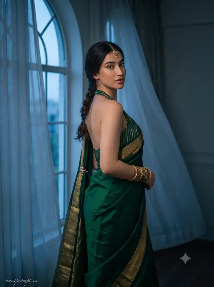 Emerald green silk saree evening portrait google gemini prompt near arched window