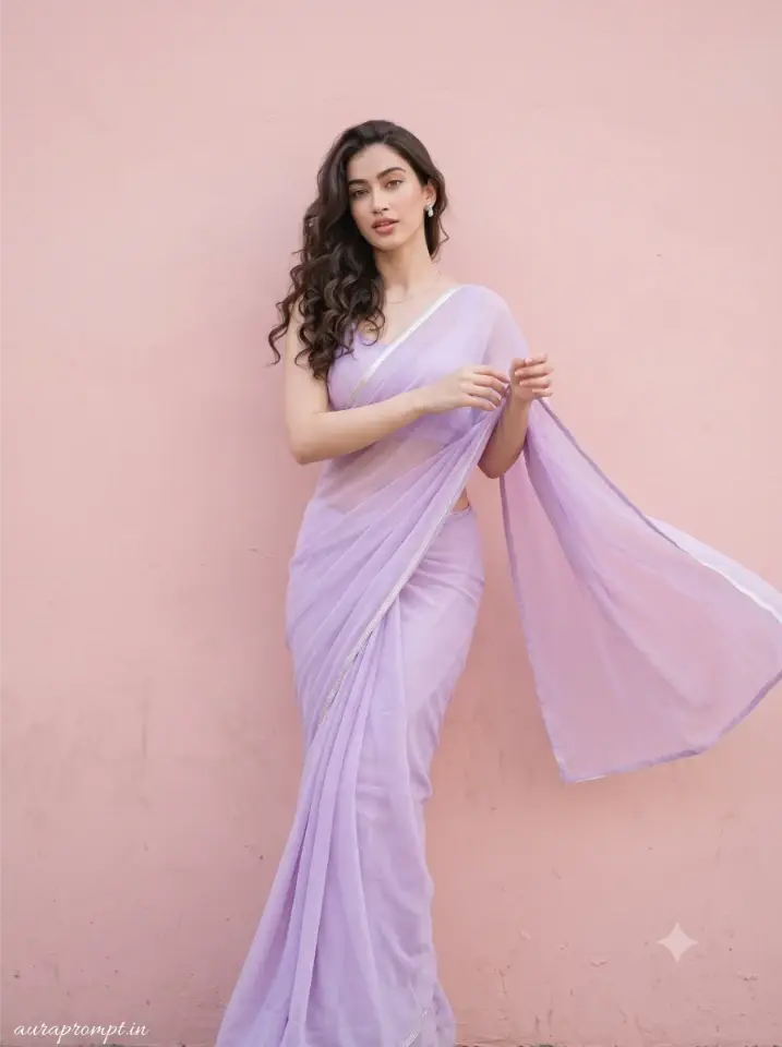 Pastel lavender chiffon saree Pinterest pose prompt for prompt for gemini against pink wall