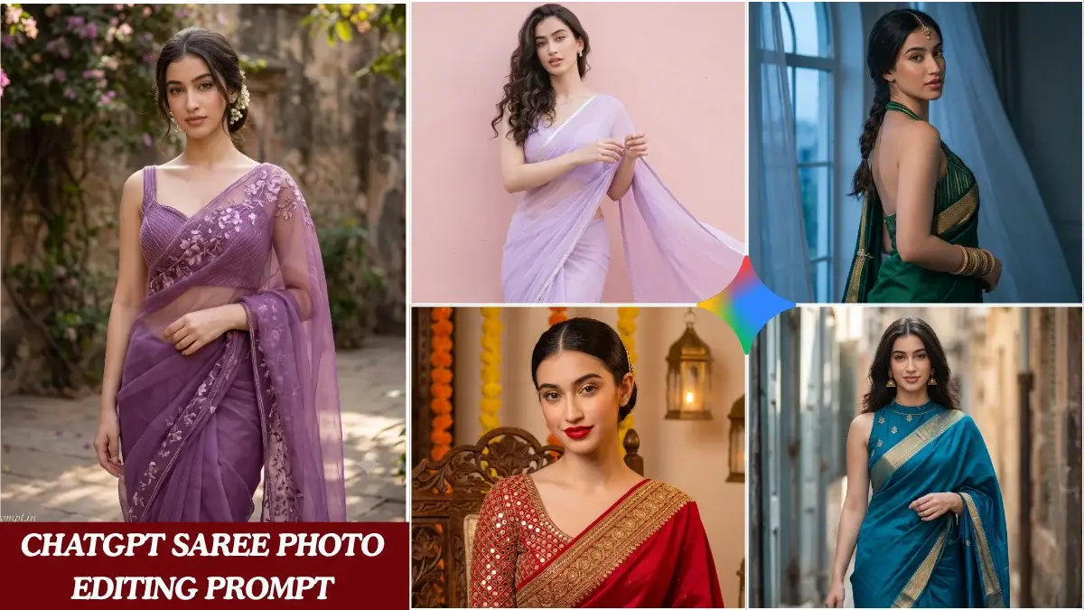 Five Indian girls in different colored sarees showing chatgpt saree photo editing prompt results for Instagram