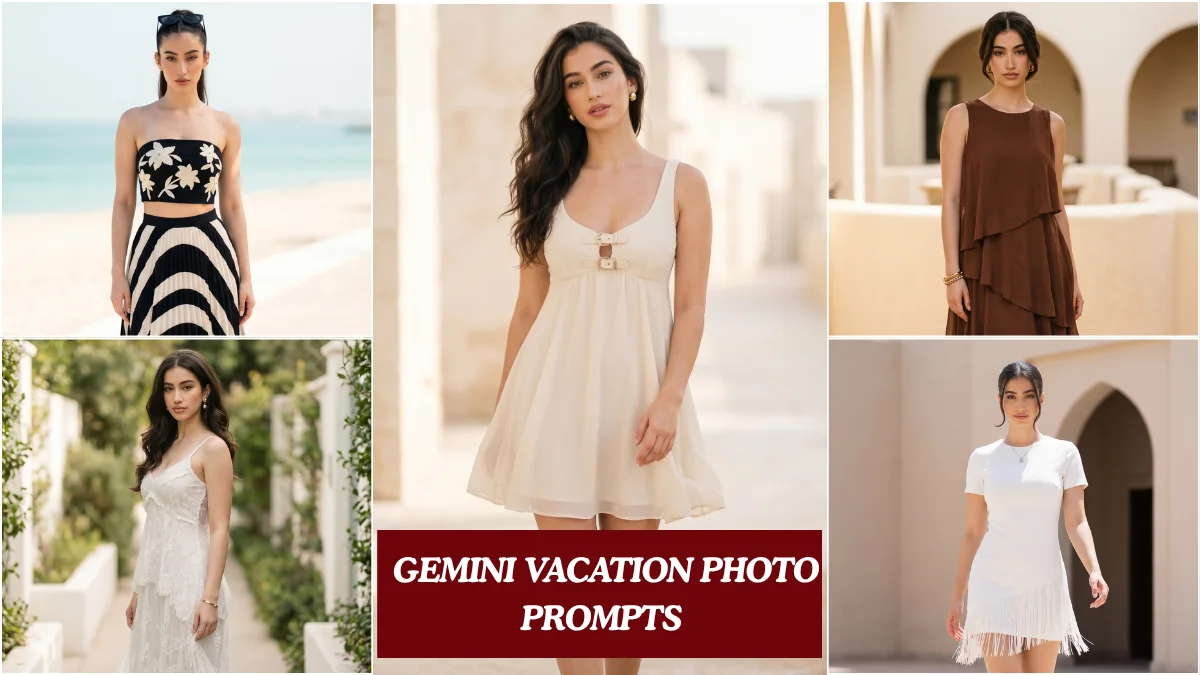 Five gemini vacation photo prompts for girls wearing resort wear outfits in cinematic beach and travel settings