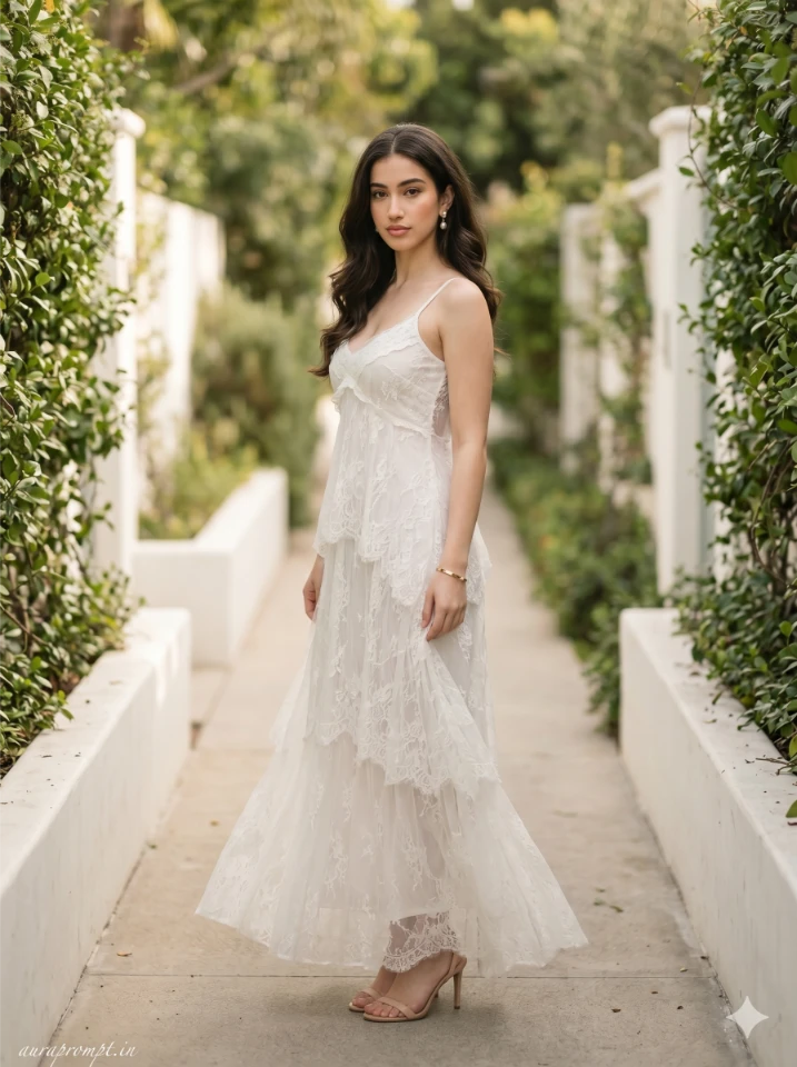 Girl in cascading lace long dress at a breezy coastal garden setting aesthetic vacation photo prompts for girls