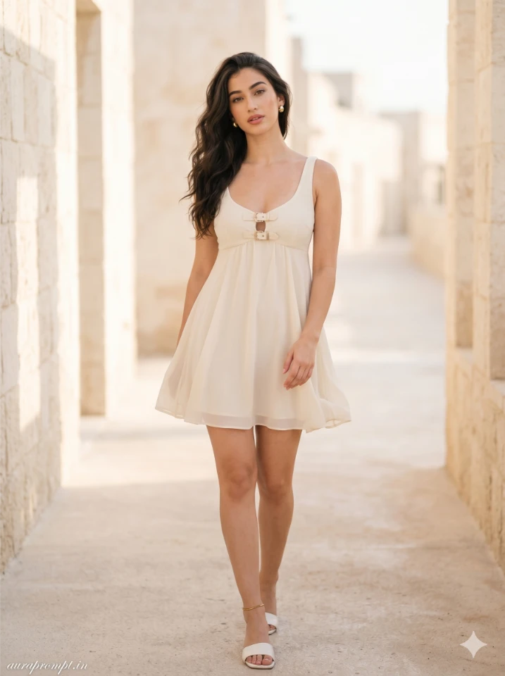 Girl in cream georgette shoreline short dress standing at a sunny coastal path gemini vacation photo prompt
