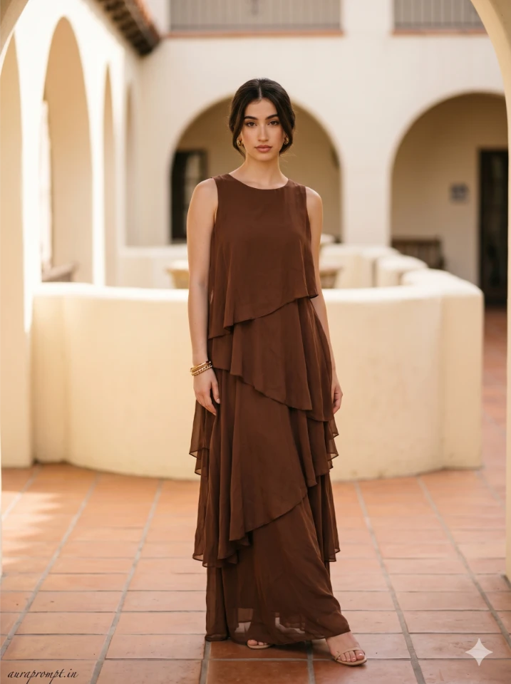 Girl in chocolate brown layered maxi dress standing in a warm terracotta courtyard using gemini vacation photo prompts for girls