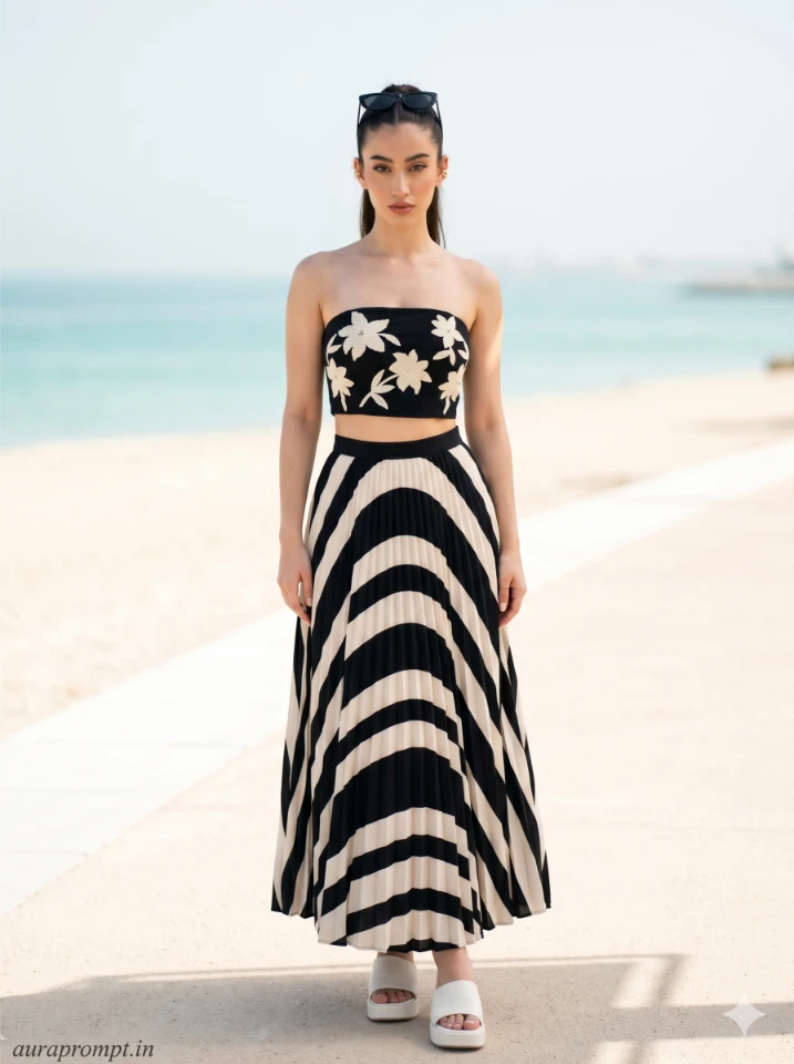 Girl in gladiolus black and ivory strapless co-ord set at a luxury beachside promenade vacation picture prompt