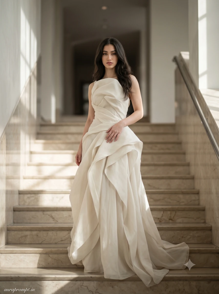 Prompt seen girl in cream draped gown standing on marble staircase with curved railing, direct camera gaze, cinematic fashion photography AI prompt
