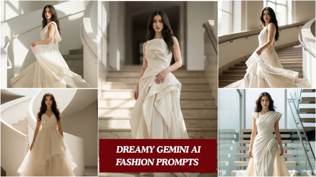 A prompt seen girl in flowing ivory couture gown descending a white spiral staircase, soft architectural light, Gemini AI fashion photography prompt 2026