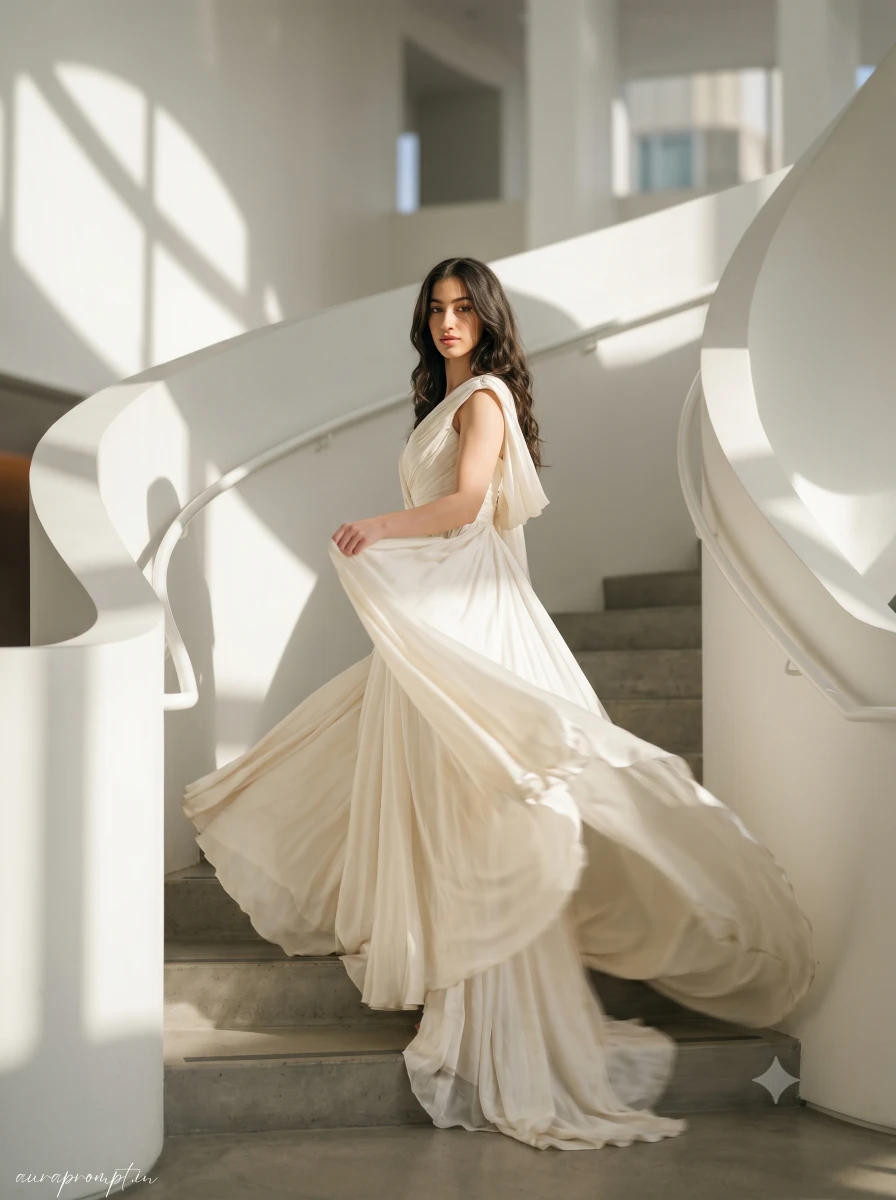 Prompt seen girl in ivory couture gown walking down minimalist white staircase, sunlight casting geometric shadows, Gemini AI editorial fashion portrait