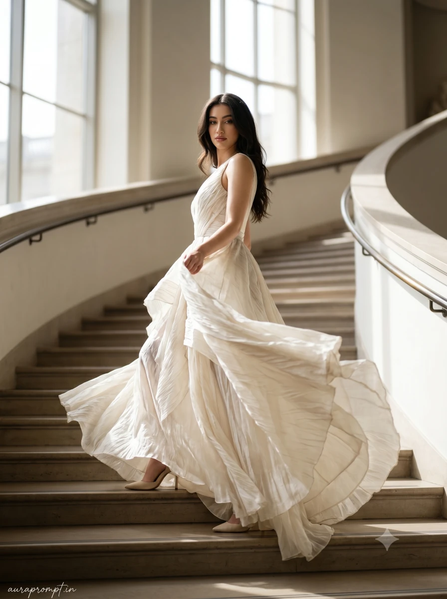 Prompt seen girl in flowing couture gown mid-turn on grand architectural staircase, natural daylight, Pinterest inspired Gemini AI photo prompt
