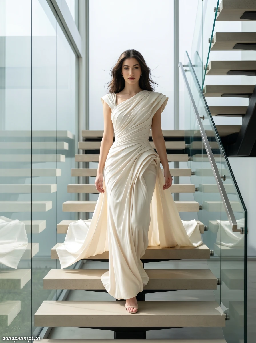 Prompt seen girl in sculptural pleated ivory gown near glass wall staircase, soft diffused light, Pinterest editorial AI photo prompt 2026