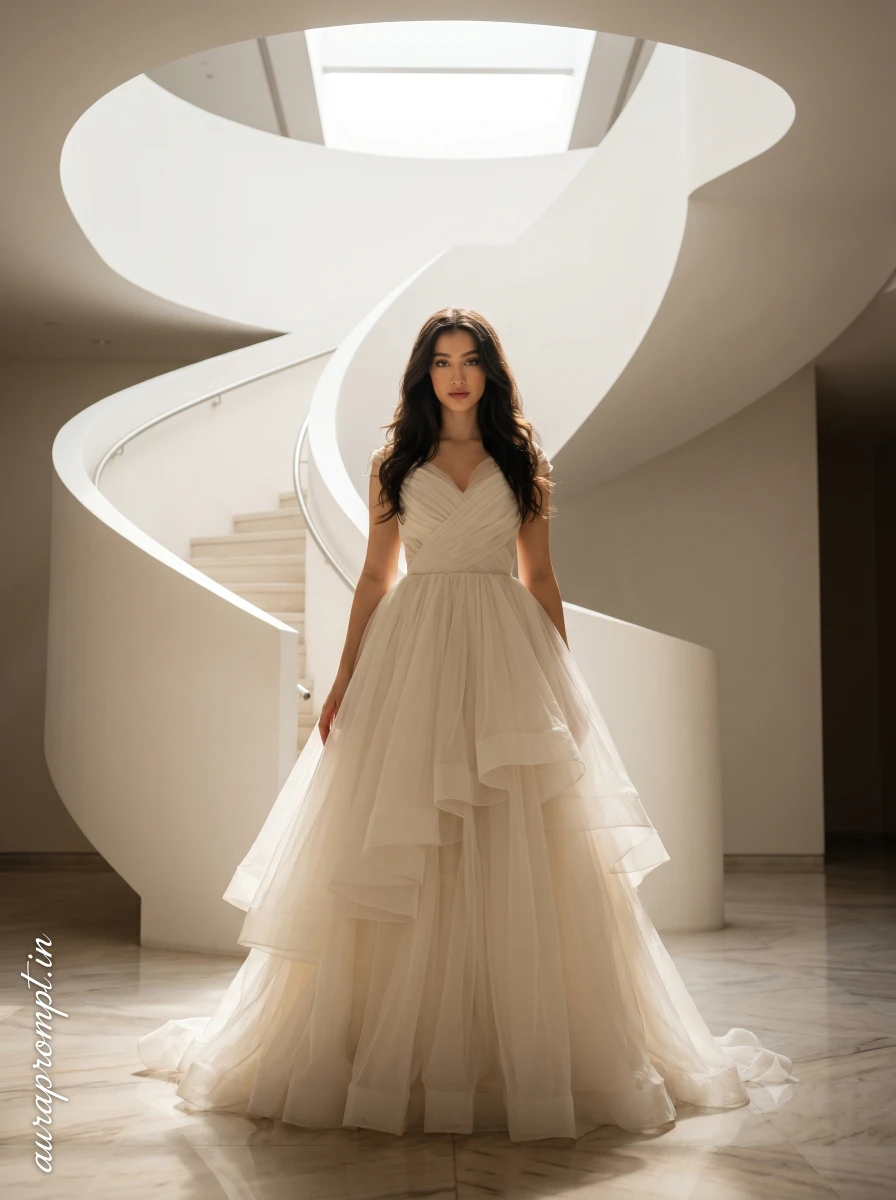 Prompt seen girl in layered ivory oversized silhouette gown at base of curved white staircase, confident posture, Gemini AI fashion portrait