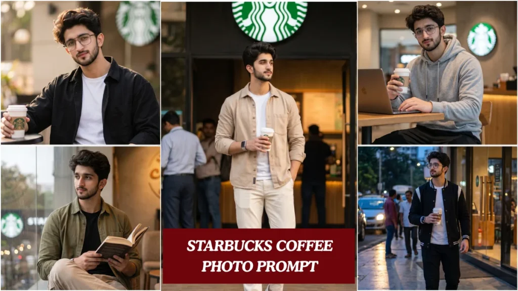 Stylish Indian boy sitting at Starbucks outdoor café holding coffee cup in a starbucks coffee photo prompt result generated with Gemini AI