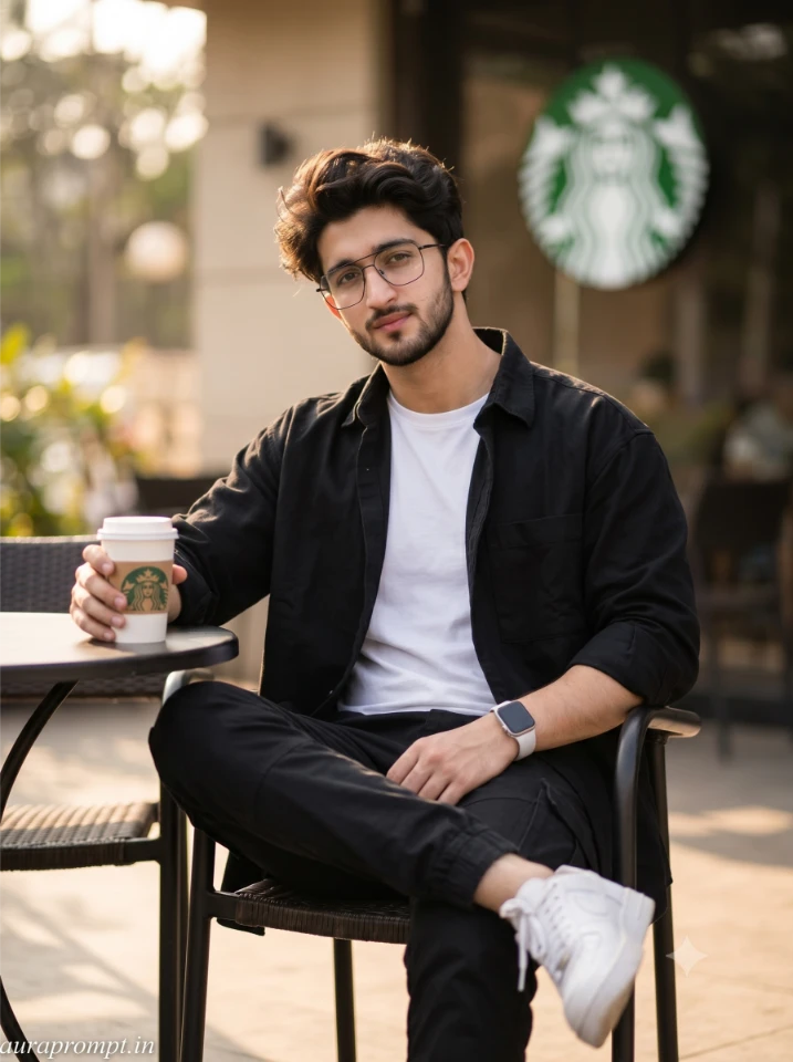 Indian boy in black oversized shirt and cargo pants sitting at Starbucks outdoor table holding coffee in a starbucks coffee photo prompt