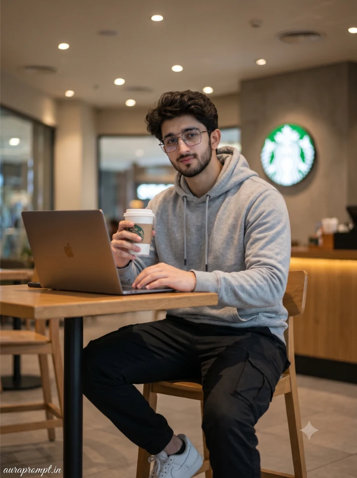 Stylish Indian man in grey hoodie working on laptop at Starbucks corner table in a coffee shop ai photo prompt result