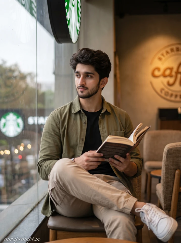 Indian boy in olive overshirt at Starbucks window seat with coffee and book in a cinematic Gemini AI cafe portrait prompt