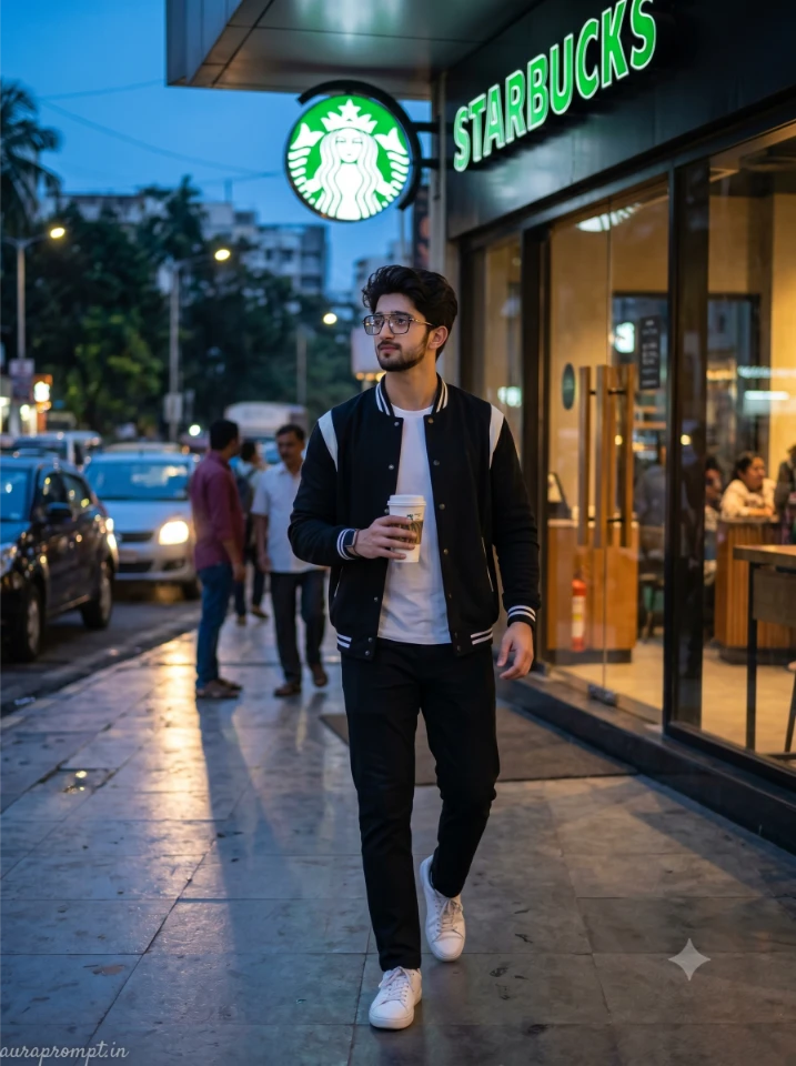 Young Indian man in black varsity jacket walking past Starbucks café exterior at dusk in a cinematic Gemini AI starbucks photo prompt