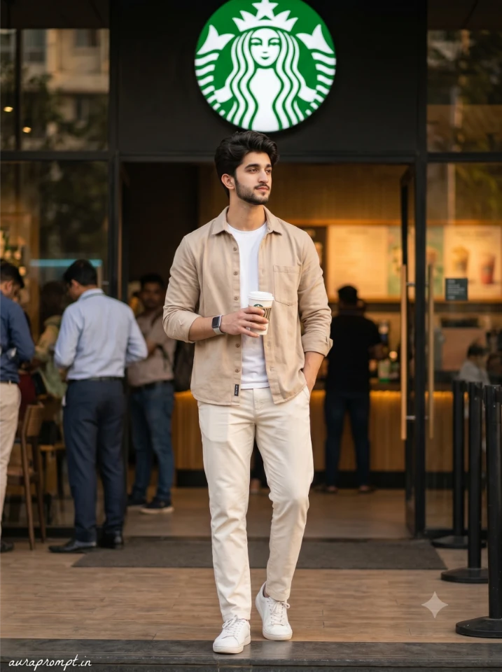Young Indian man in beige overshirt standing at Starbucks entrance with coffee generated using Gemini AI starbucks coffee photo prompt