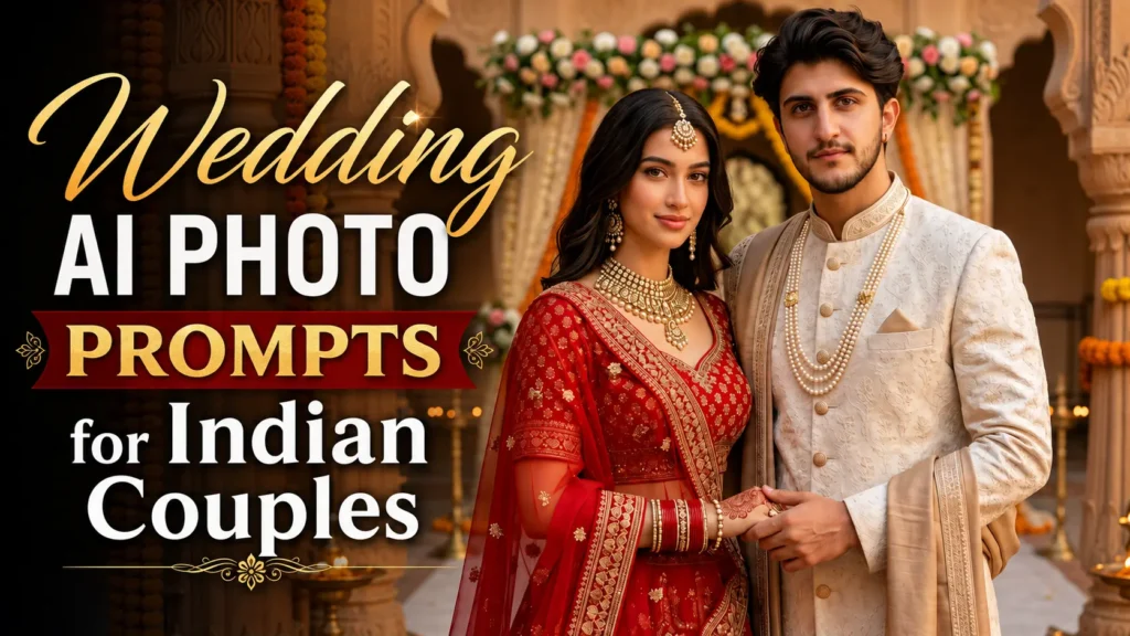 Indian bride and groom in royal wedding AI photo prompt result showing red lehenga and ivory sherwani inside a palace courtyard