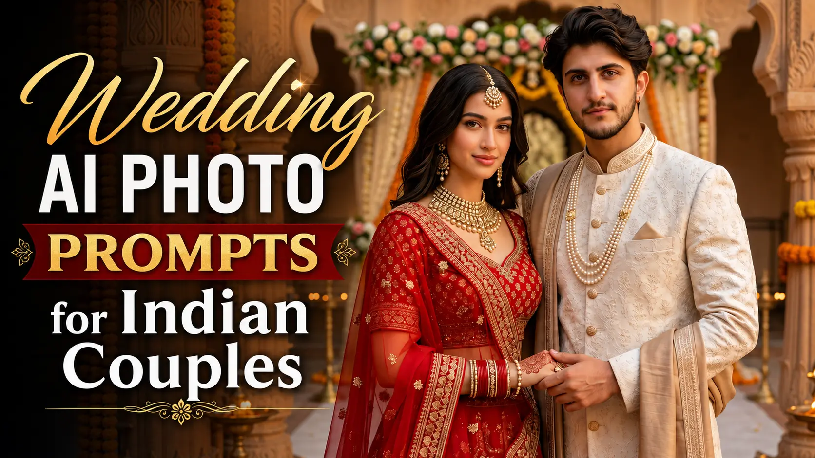 Indian bride and groom in royal wedding AI photo prompt result showing red lehenga and ivory sherwani inside a palace courtyard