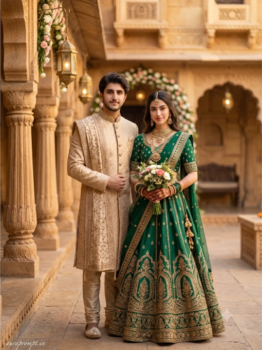 Gemini AI wedding photo editing result showing emerald green lehenga and champagne sherwani at a heritage fort with floral arches