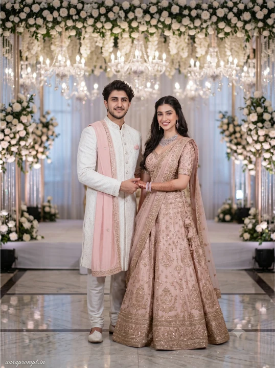 Indian bride groom AI photo prompt output in blush pink lehenga and white sherwani standing inside a grand floral mandap