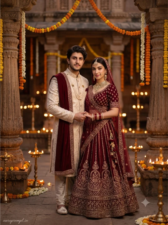 Traditional Indian wedding AI photo prompt output showing maroon lehenga and cream sherwani couple inside an ancient temple courtyard
