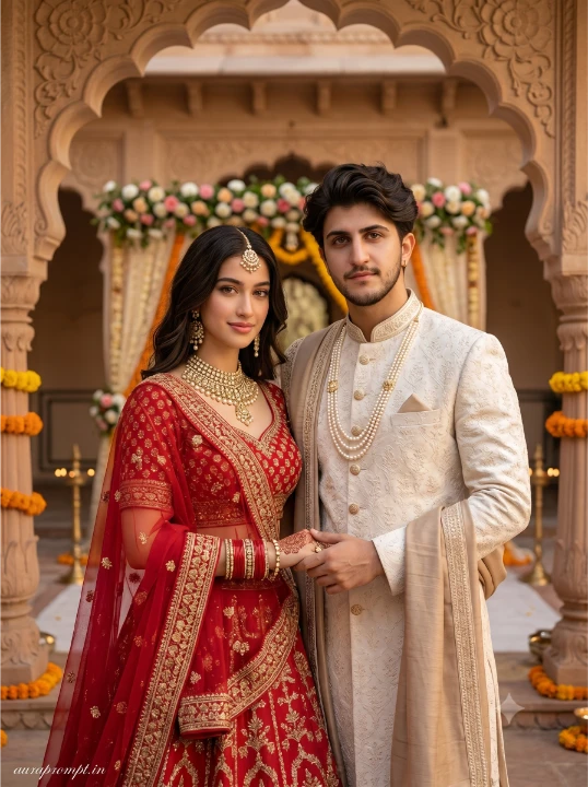 Indian couple wedding AI photo prompt result with red bridal lehenga and ivory sherwani inside a royal sandstone palace courtyard