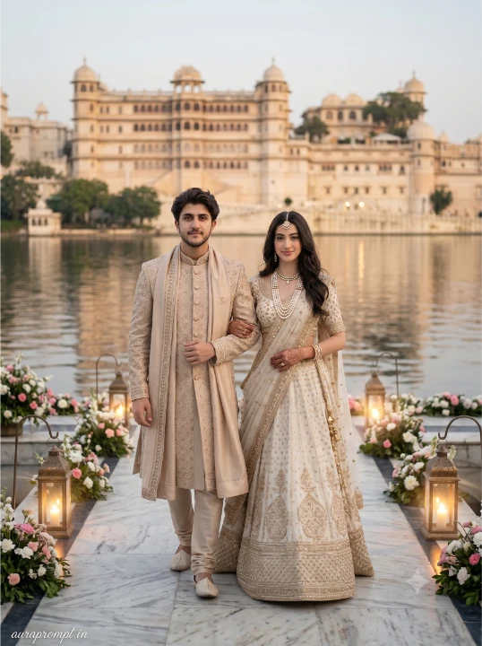 Wedding portrait AI prompt result with ivory gold lehenga and beige sherwani couple walking beside a royal lakeside palace