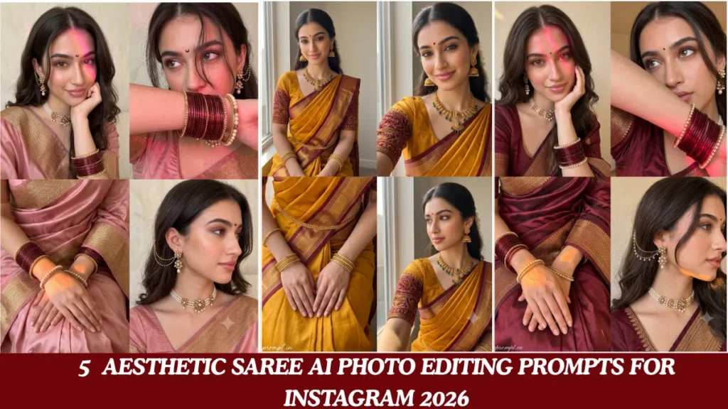 5 Aesthetic saree AI photo editing prompt 2x2 collage grid of Indian girl in silk saree natural skin Pinterest pose