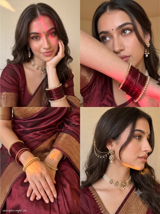 Saree AI photo editing prompt deep maroon silk saree close-up bangles forearm cover dreamy eyes natural flash