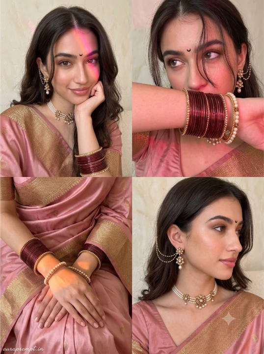 Aesthetic saree AI photo editing prompt blush pink Banarasi silk saree girl chin rest pose warm indoor lighting
