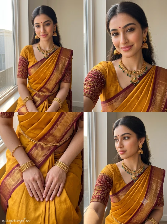 Aesthetic saree collage prompt mustard yellow Kanjeevaram saree girl candid laugh natural daylight Pinterest pose
