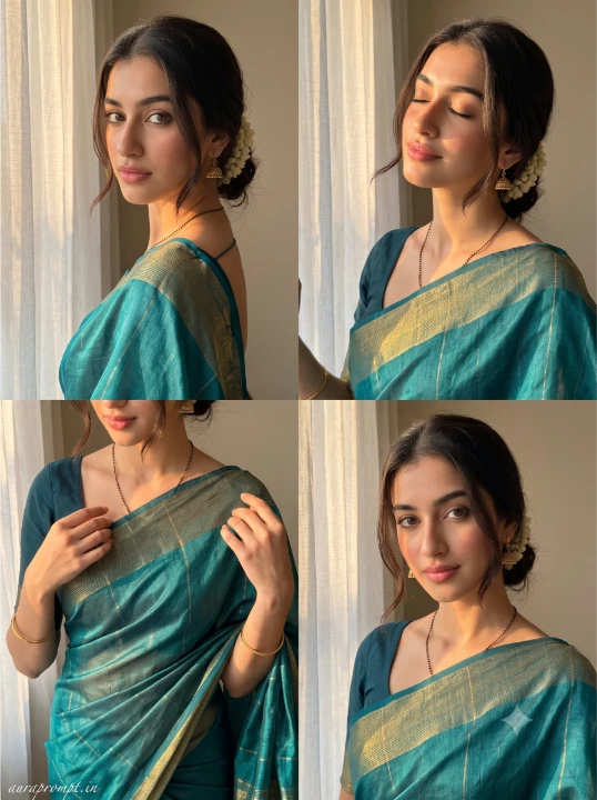 Indian saree AI prompt peacock teal tissue silk saree girl side profile pearl choker golden hour window light