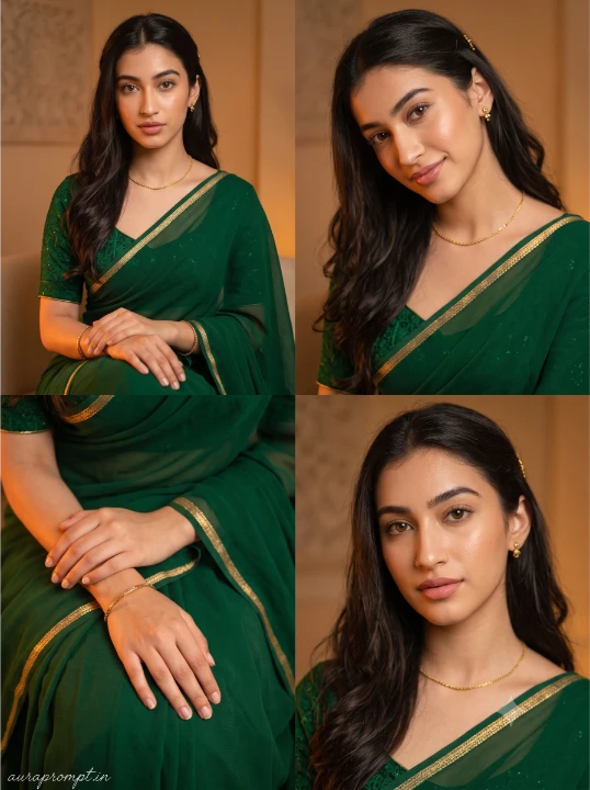 Gemini saree photo prompt emerald green georgette saree girl hands on lap zari border golden LED light