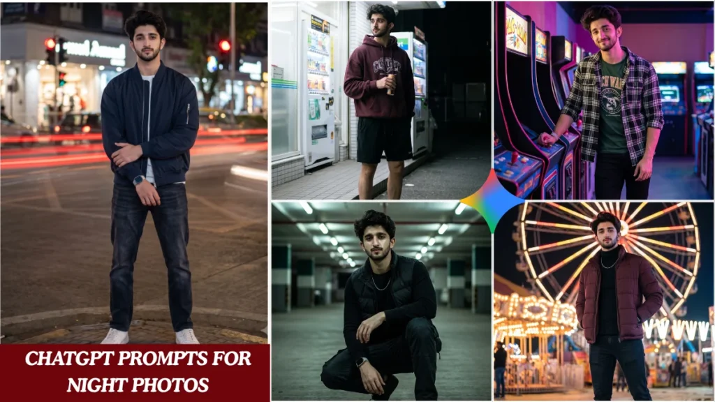 A collage of five cinematic Indian boy AI night photo edits generated using ChatGPT prompts for night photos, showing Pinterest outfits, neon city backgrounds, and natural skin texture.