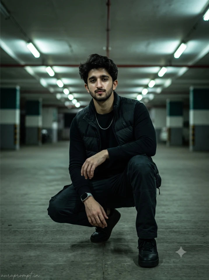 Indian boy in all-black Pinterest outfit crouching in a fluorescent-lit parking garage at night, cinematic night portrait prompt result.