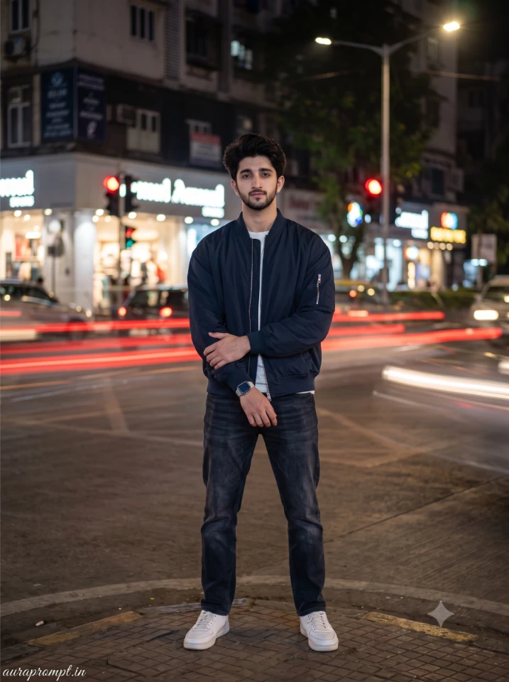 ndian boy in black oversized bomber jacket standing on a busy night street with car light trails, generated using ChatGPT prompts for night photos.