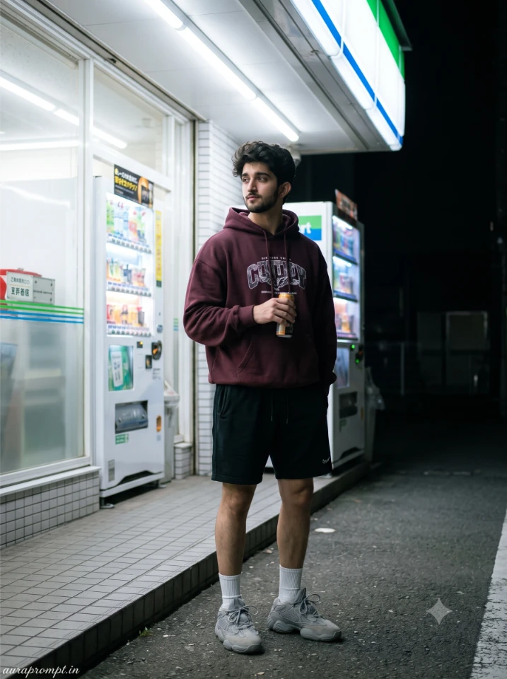 Young Indian man outside a glowing convenience store at night in graphic hoodie, ChatGPT AI photo editing prompt with cool film-grain tones.