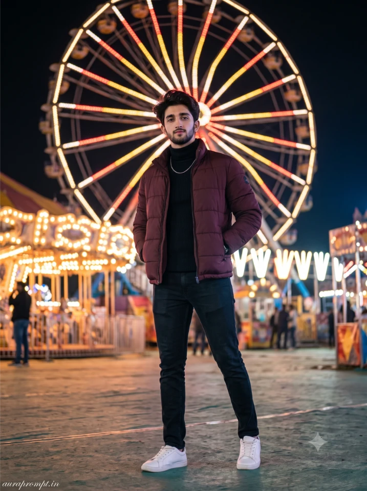 Indian boy standing under a streetlight in a dark blue city lane wearing dark Pinterest outfit, ultra realistic RAW night photo AI generation.