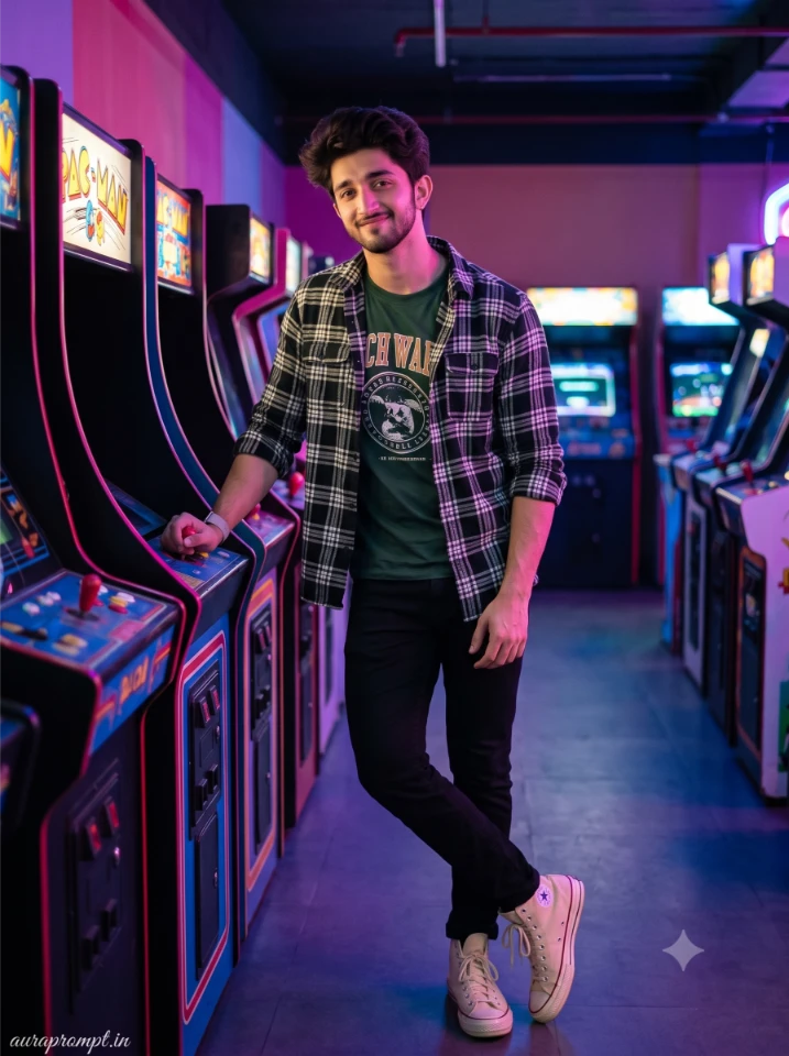 Stylish Indian boy leaning against a glowing neon arcade machine in dark retro setting, AI night portrait photography with natural skin texture.