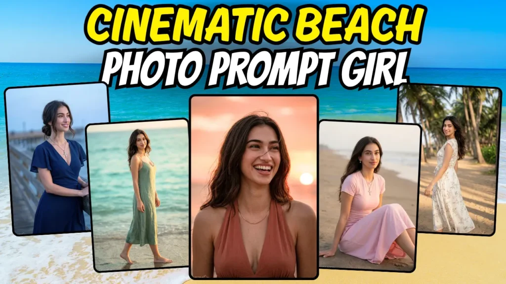 Cinematic beach photo prompt girl collage showing five unique Gemini AI generated beach outfits for Indian creators 2026
