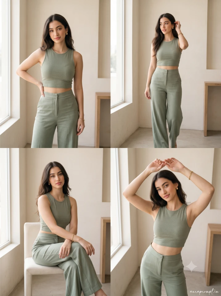 Gemini AI photo editing grid showing Indian girl in a sage green co-ord set across four confident poses in a soft sunlit indoor setting.