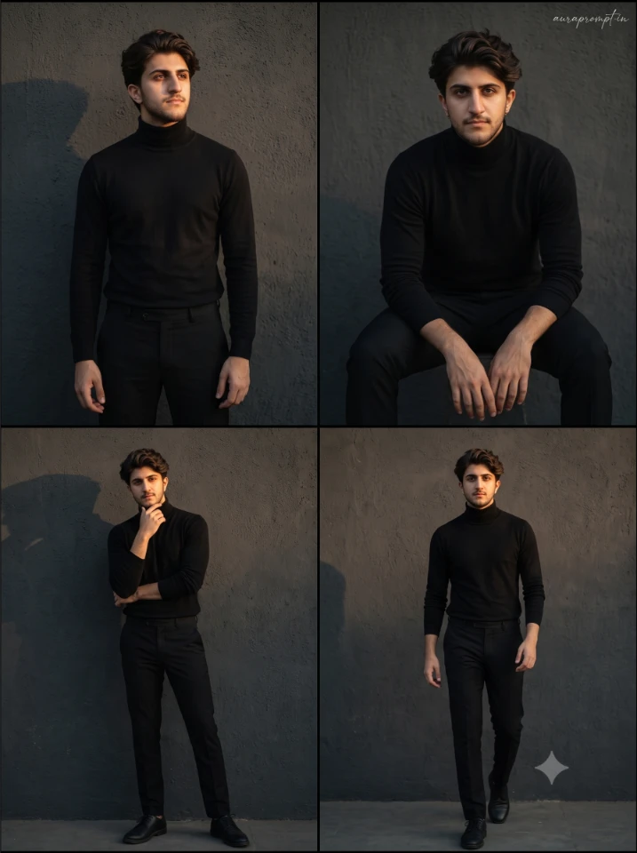 Gemini collage prompt for an Indian boy in a black turtleneck across four angle variations against a deep charcoal textured wall.