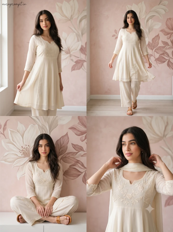 AI grid collage prompt of an Indian girl in a cream embroidered kurta across four cinematic frames against a pastel floral wall background.