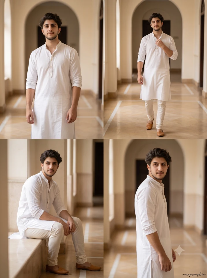 Gemini 2X2 Grid Collage Prompt of an Indian boy in a white kurta across four cinematic editorial poses inside a warm marble hallway background.